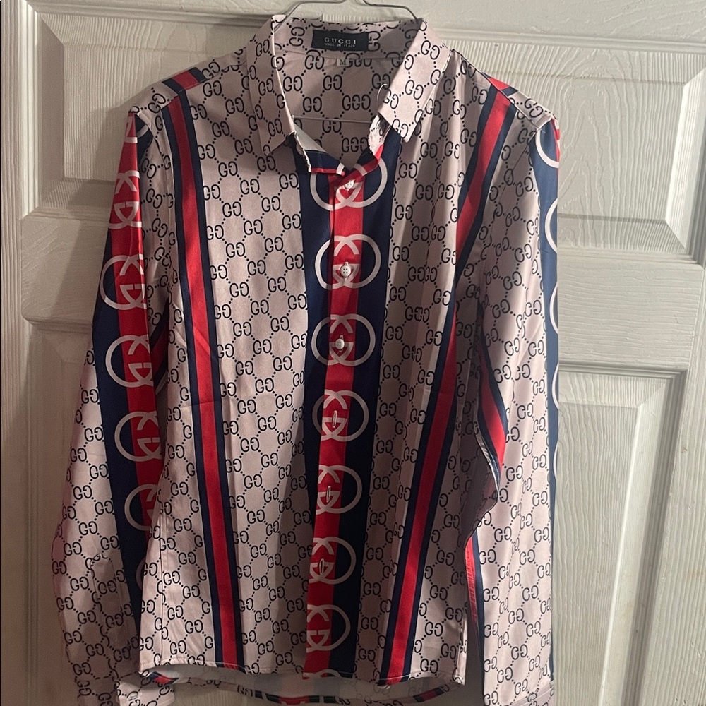 Gucci Women Red and Blue Logo Stripe Shirt